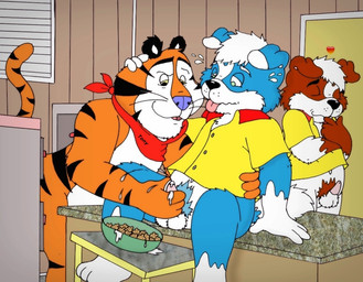 age_difference anthro balls blue_body bodily_fluids brown_body cereal countershading cum cum_on_food erection food genital_fluids genitals group handjob male male/male mascot penile penis sex sitting young young_anthro nelson88 frosted_flakes kellogg's matt_(nelson88) tony_the_tiger canid canine canis domestic_dog felid mammal pantherine tiger 2015