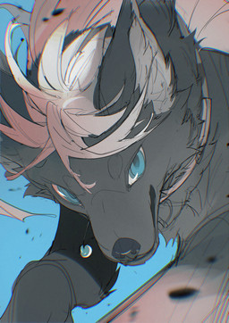 ambiguous_gender black_body black_eyebrows black_fur blue_background blue_eyes blue_pupils cape clothed clothed_feral clothing collar eyebrows feral fur grey_cape grey_clothing grey_inner_ear grey_inner_ear_fluff inner_ear_fluff jewelry looking_at_viewer mouth_closed necklace pupils simple_background solo tuft white_body white_fur white_sclera chiayeeee canid canine canis mammal wolf 2024 absurd_res chromatic_aberration digital_drawing_(artwork) digital_media_(artwork) hi_res