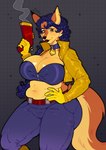 5_fingers anthro belly belt big_belly big_breasts big_butt black_nose blue_hair blush bottomwear breasts butt cleavage cleavage_overflow clothed clothing collar curvy_figure ear_piercing ear_ring female fingers fur glistening glistening_body gloves gun hair hand_on_belly hand_on_side handgun handwear holding_object holding_ranged_weapon holding_weapon huge_breasts jacket lips looking_at_viewer markings mole_(marking) multicolored_body multicolored_fur navel orange_eyes overweight overweight_anthro overweight_female pants piercing ranged_weapon red_lips ring_piercing simple_background smile smoking_gun solo tail text thick_thighs tight_clothing topwear voluptuous weapon wide_hips yellow_clothing yellow_jacket_(clothing) yellow_topwear szaris sly_cooper_(series) sony_corporation sony_interactive_entertainment sucker_punch_productions carmelita_fox canid canine fox mammal 2023 artist_name digital_drawing_(artwork) digital_media_(artwork) hi_res