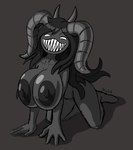 big_breasts black_hair breasts female grey_body hair horn huge_breasts leaning leaning_forward long_hair nipples not_furry nude sharp_teeth simple_background smile solo teeth white_eyes dhalek the_binding_of_isaac_(series) siren_(tboi) the_siren demon demon_humanoid humanoid shaded