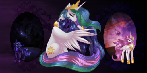 blue_body blue_hair cloud contrast crown cutie_mark duo_focus eyes_closed feathered_wings feathers female feral glistening green_eyes group hair headgear horn hug long_hair moon multicolored_hair pink_hair princess purple_background quadruped royalty sad simple_background star sun symmetry tail tiara wings rizcifra friendship_is_magic hasbro my_little_pony mythology nightmare_moon_(mlp) princess_celestia_(mlp) princess_luna_(mlp) equid equine mammal mythological_creature mythological_equine winged_unicorn 2014 2:1 digital_media_(artwork) full-length_portrait hi_res portrait wallpaper sibling_(lore) sister_(lore) sisters_(lore)