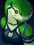 anthro belly black_markings blue_clothing blue_markings blue_tongue breasts clothing dark_clothing female green_body halter looking_sideways markings medium_breasts red_eyes scales solo tongue topwear white_belly zimabel reptile scalie snake viper 3:4 absurd_res bust_portrait hi_res portrait