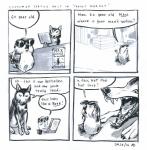 2016 4koma anne_barnetson base_two_layout black_nose canid canine canis comic confusion cricetid customer_service_wolf dialogue duo english_text exclamation_point feral four_frame_image grid_layout hi_res imminent_vore lemming lost mammal question_mark rodent snout speech_bubble text traditional_media_(artwork) two_row_layout wolf