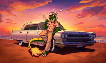 1970s_theme 70s_clothing anthro beach california car eyewear male outside sea smoking smoking_pipe solo sunglasses sunset vehicle vintage_car water nodly_art cadillac general_motors mythology captain_ryusugi dragon eastern_dragon mythological_creature mythological_scalie scalie absurd_res english_description hi_res