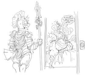 anthro anthrofied big_butt butt calling_for_help dialogue door duo english_honorific female holding_melee_weapon holding_object holding_polearm holding_spear holding_weapon honorific horn huge_butt male melee_weapon open_door polearm spear speech_bubble talking_to_another text weapon mhdrawin friendship_is_magic hasbro my_little_pony mythology princess_celestia_(mlp) royal_guard_(mlp) equid equine mammal mythological_creature mythological_equine unicorn english_text hi_res monochrome