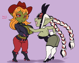 big_breasts black_hair breasts brown_eyes bunny_costume cleavage clothed clothing costume cowboy_outfit duo female gesture green_body hair hand_gesture huge_breasts orange_hair pigtails pink_eyes pointing red_hair shortstack shortstack_female white_hair yelling furball goblin humanoid 2025 5:4