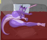 3_toes anthro anus bed dialogue eyewear feet female furniture genitals glasses heart_symbol horn looking_at_viewer nude on_bed pillow purple_body pussy round_glasses solo tail_anus text toes nova_bold kobold scalie absurd_res english_text hi_res