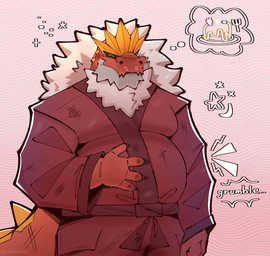 anthro beard belly bone_frill clothing emanata facial_hair frill_(anatomy) gradient_background grumbling hair hand_on_belly holding_stomach long_sleeves male moobs overweight overweight_male pink_background red_body red_clothing red_robe red_scales robe scales simple_background smile solo standing tail white_hair pinkdustz nintendo pokemon fossil_pokemon generation_6_pokemon pokemon_(species) scalie tyrantrum 2026 colored digital_drawing_(artwork) digital_media_(artwork) hi_res shaded