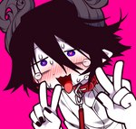 ahegao black_hair black_nails blush bodily_fluids clothing collar collared_shirt colored_nails gesture hair hand_gesture heart_eyes heart_symbol horn leash looking_pleasured male nails not_furry open_mouth pink_background purple_eyes purple_horn shirt simple_background solo sweat tears tongue tongue_out topwear v_sign white_body white_clothing white_shirt white_skin white_topwear funamusea_(artist) third-party_edit deep_sea_prisoner funamusea satanick demon demon_humanoid horned_humanoid humanoid cropped