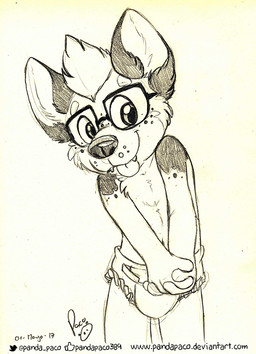 anthro cheek_tuft closed_smile clothed clothing diaper eyewear facial_tuft fangs freckled_face freckles front_view glasses glistening glistening_eyes hair logo male mouth_closed short_hair simple_background smile solo standing teeth text tongue tongue_out topless tuft wearing_diaper young young_anthro young_male pandapaco hyena mammal 2017 artist_logo monochrome portrait signature sketch three-quarter_portrait url