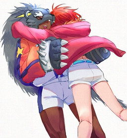 bottomwear brass_knuckles clothing dark_body dark_skin duo eyes_closed female hair hug mask melee_weapon paws raccoon_tail red_hair shorts smile weapon st14_kr010 bandai_namco digimon digimon_beatbreak reina_sakuya animal_humanoid bearcatmon digimon_(species) human humanoid mammal mammal_humanoid procyonid procyonid_humanoid raccoon_humanoid