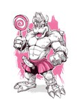 2_horns anthro balls bell_tutu bottomwear candy clothing dancewear dessert food genitals horn humanoid_genitalia humanoid_penis lollipop male muscular muscular_male penis pink_tongue skirt solo tongue tongue_out tutu inklooser mario_bros nintendo bowser koopa reptile scalie turtle 4:5 absurd_res hi_res