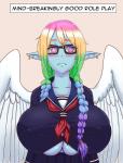 asian_clothing big_breasts blue_body blue_skin braided_hair breasts cleavage clothed clothing cosplay east_asian_clothing eyewear feathered_wings feathers female glasses hair huge_breasts humanoid_pointy_ears japanese_clothing japanese_school_uniform multicolored_hair not_furry parody piercing pink_eyes rainbow_hair school_uniform serafuku solo text tight_clothing under_boob uniform wings nobro shindol eonbound xaessya angel angel_humanoid humanoid winged_humanoid absurd_res english_text hi_res