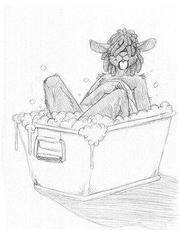 anthro bathtub bubble covering covering_chest covering_self dreadlocks female partially_submerged simple_background solo tongue tongue_out towel wolfkidd constance_blacksheep bovid caprine domestic_sheep mammal sheep 2017 monochrome sketch