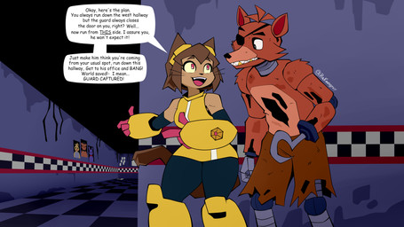 anthro armwear big_tail bottomwear brown_bottomwear brown_clothing brown_hair cat_tail clothing dialogue duo exposed_endoskeleton eye_patch eyebrows eyelashes eyewear eyewear_on_head female fingers gesture goggles goggles_on_head gold_(metal) gold_tooth hair hand_gesture hook listening machine male metallic_body midriff open_mouth pointing red_body shirtless_male skinsuit standing tail text thick_thighs tight_clothing torn_clothing whiskers wide_hips yellow_clothing rakoongrey five_nights_at_freddy's gameoverse glitch_productions scottgames bonnie_(fnaf) chica_(fnaf) foxy_(fnaf) freddy_(fnaf) kit_bodega animatronic canid canine domestic_cat felid feline felis fox mammal robot 16:9 2026 4k absurd_res crossover digital_media_(artwork) english_text hi_res signature widescreen