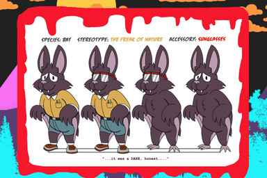1980s_theme accessory_only anthro belt blood bodily_fluids bottomwear bright_colors brown_clothing brown_footwear brown_shoes casual_nudity cheek_tuft chest_tuft clothing collared_shirt eyewear eyewear_only facial_tuft fangs footwear head_tuft horror_(theme) humor incel male nerd no_genitals nude pens pointy_ears quote shirt shirt_pocket shoes shorts smile solo sunglasses sunglasses_only teeth topwear tuft wings alystairphantem the_party_animals jeremy_bluth_(the_party_animals) bat mammal 3:2 absurd_res hi_res