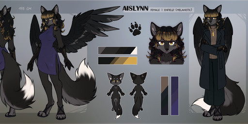 accessory anthro black_body black_fur blonde_tips clothing curly_hair dress female fluffy fur hair white_inner_ear wings lonerdemiurge canid canine enfield fox mammal absurd_res hi_res