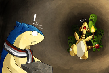 ambiguous_gender block exclamation_point group running scarf surprised torch yellow_body yellow_skin rikuaoshi microsoft minecraft mojang nintendo pokemon xbox_game_studios riku_(rikuaoshi) ampharos creeper_(minecraft) generation_2_pokemon pokemon_(species) typhlosion 3:2 crossover hi_res