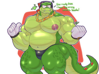 anthro areola belly biceps big_butt big_muscles big_nipples bulge butt chain_necklace clothing dialogue eyebrows gesture gloves hand_gesture handwear heart_symbol jewelry male motion_lines musclegut muscular muscular_anthro muscular_male necklace nipples pecs raised_eyebrow sharp_teeth solo tail teeth text thick_thighs thong thumbs_up underwear darkpolari sega sonic_the_hedgehog_(series) vector_the_crocodile crocodile crocodilian reptile scalie 4:3 english_text hi_res