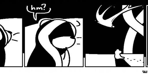 5_panel_comic ambiguous_gender anthro footprint hidden_eyes hooded hooded_cloak question_mark solo surrealism text walking whiskers flowsie whitespace_bunny species_request unknown_species comic english_text long_image monochrome url wide_image