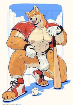 5_fingers abs anthro barazoku baseball_bat bat_(object) big_muscles big_pecs blue_eyes bulge clothed clothing fangs fingers footwear fur furgonomic_footwear furgonomics gloves handwear jacket jockstrap looking_at_viewer male muscular muscular_anthro muscular_arms muscular_legs muscular_male open_clothing open_jacket open_topwear orange_body orange_fur pecs pubes red_clothing red_jacket red_topwear solo teeth tongue tongue_out topwear underwear white_clothing white_gloves white_handwear makebork canid canine canis domestic_dog mammal shiba_inu spitz 2025 english_description hi_res