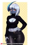 anthro blush bottomwear breasts cleavage clothed clothing female hand_on_hip leather leather_bottomwear leather_clothing leather_pants pants sweater topwear wide_hips thyhsilverfeet nintendo pokemon absol generation_3_pokemon pokemon_(species) absurd_res hi_res