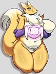 anthro bandai_namco big_breasts black_sclera blue_eyes breasts digimon digimon_(species) fangs female fur gesture grey_background hand_heart heart_symbol hi_res huge_breasts hybrid looking_at_viewer navel oppai_heart overweight raised_tail renamon shadow simple_background smile solo southger standing tail teeth thick_thighs wide_hips yellow_body yellow_fur