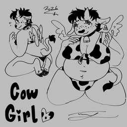animal_print anthro big_breasts bikini bodily_fluids body_hair breasts bulge clothing cow_print cowbell cowgirl_outfit ear_piercing ear_tag freckled_face freckles gynomorph happy_trail hooves intersex nipple_outline overweight piercing solo sweat swimwear tail tail_tuft thick_thighs tuft two-piece_swimsuit wings petramcbiteybite petra_(petramcbiteybite) bovid bovine cattle mammal 1:1 hi_res monochrome