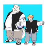 anthro belly bottomwear clothing duo eyes_closed kemono male open_mouth overweight overweight_male pants shirt simple_background topwear inunoshippo canid canine canis domestic_dog mammal 2024 hi_res