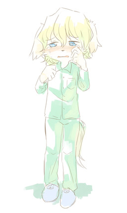 ambiguous_gender anthro blonde_hair blush bodily_fluids clothing crying fist hair half-closed_eyes narrowed_eyes pajamas sad solo tail tears young young_anthro kuzugitsune canid canine canis domestic_dog mammal 2014 3:5