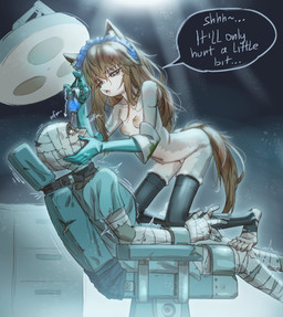 5_fingers 5_toes accessory aged_down anthro bandage belt black_clothing black_legwear black_stockings bloodshot_eyes blue_fluid breasts brown_hair chair clothed clothing dental_chair duo feet female fingers fluid_injection fur furniture gloves hair hair_accessory handwear humanoid_feet humanoid_hands legwear lobotomy loli male medical_gloves medical_instrument mostly_nude muffled muffled_sounds nipples nude open_mouth patient patient_(role) patient_gown plantigrade scientific_instrument shush stirrup_legwear stockings strapped strapped_to_a_chair surgical_operation syringe tail text toes white_body white_fur young young_anthro young_female debuffs_only_(artist) black_souls_(game) founding_doctor_florence_(black_souls) canid canine canis domestic_dog human mammal 2025 digital_media_(artwork) hi_res