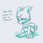 1:1 ambiguous_gender anthro bandai_namco blue_and_white blue_eyes dark_clefita digimon digimon_(species) grey_background line_art low_res monochrome reptile scalie semi-anthro simple_background sketch solo spanish_text tail text translated veemon white_background