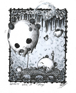ambiguous_gender big_eyes eyes_closed floating fungus group looking_at_viewer motion_lines outside street_lamp text xdunkelseelex hollow_knight inktober team_cherry elemental_creature fungi_fauna 2024 absurd_res english_text greyscale hi_res monochrome signature traditional_media_(artwork)