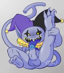 anus balls clothing feet fool's_hat genitals hat headgear headwear humanoid_pointy_ears jester male mostly_nude nipples not_furry open_mouth penis pointy_ears sharp_teeth simple_background solo teeth tongue tongue_out thirstspace deltarune undertale_(series) jevil_(deltarune) darkner imp mammal 2019 digital_media_(artwork) hi_res