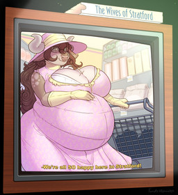anthro big_breasts bra breasts brown_hair clothing dress electronics eyewear female glasses gloves hair handwear hat headgear headwear horn pregnant pregnant_anthro pregnant_female shopping_cart solo stepfordization store supermarket television underwear fenris49 bovid bovine cattle mammal hi_res