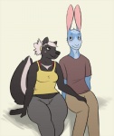 age_difference anthro black_body black_fur blue_body blue_fur blush bottomwear bra bra_straps breasts clothed clothing duo female fur hand_on_leg hand_on_thigh male male/female mature_anthro mature_female multicolored_body multicolored_fur older_female pants purple_eyes red_bra red_clothing red_underwear shirt sitting t-shirt tank_top topwear two_tone_body two_tone_fur underwear white_body white_fur yellow_clothing yellow_shirt yellow_tank_top yellow_topwear younger_male ritts aodhan leanne_summers lagomorph leporid mammal mephitid rabbit skunk