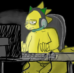 anthro belly big_breasts black_background breasts buckteeth casual_nudity chair computer computer_monitor computer_mouse electronics eyewear female furniture gaming genitals glasses headgear headphones headset huge_breasts keyboard non-mammal_breasts nude on_chair overweight overweight_anthro overweight_female simple_background sitting sitting_on_chair solo table tail teeth thick_thighs tired_eyes vulva wide_hips yellow_body morgan_shawty undertale_(series) alphys lizard reptile scalie 2023