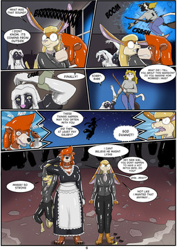 anthro clothing dialogue female gender_transformation group latex maid_uniform text transformation uniform mrdyga bear canid canine domestic_cat felid feline felis fennec_fox fox lagomorph leporid mammal mephitid rabbit skunk true_fox absurd_res comic english_text hi_res