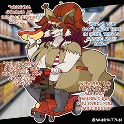 aisle american_flag american_flag_clothing angry annoyed anthro big_breasts big_butt bracelet breasts burger butt clothing curvy_figure detailed_background female fluffy fluffy_tail food frown gold_(metal) gold_bracelet gold_jewelry gold_necklace grocery_store hair holding_food holding_object hot_dog inside jewelry long_hair meat messy_hair mobility_scooter necklace obese overweight red_hair sausage shirt solo star stripes supermarket tail text thick_thighs topwear united_states_of_america wide_hips m4nh4774n nintendo pokemon catherine_dousewood_(ms) canid canine delphox fox generation_6_pokemon mammal paradox_delphox paradox_pokemon pokemon_(species) 1:1 english_text hi_res