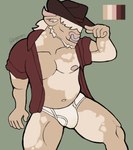 anthro biceps briefs bulge clothed clothing cowboy_hat detailed_bulge hair hat headgear headwear male musclegut muscular nipples open_clothing open_shirt open_topwear pecs shirt simple_background sitting solo tighty_whities topwear underwear white_briefs white_clothing white_underwear hyaenaz bovid bovine cattle mammal hi_res