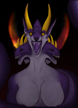 3_heads anthro areola breasts dark female horn looking_at_viewer madness male moon multi_head purple_areola red_moon solo tentacles miralesss_(artist) mythology voruna canid canine canis dragon mammal mythological_creature mythological_scalie reptile scalie wolf absurd_res hi_res herm_(lore) intersex_(lore)
