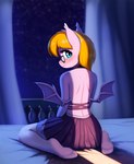 anthro blonde_hair blush bottomwear clothing eyewear female glasses hair kneeling pink_body sitting skirt solo wariza mrscroup hasbro my_little_pony bat_pony equid mammal hi_res tagme