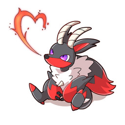 ambiguous_gender anthro black_body black_fur chibi fire fur horn purple_eyes red_body red_fur simple_background sitting solo white_background oo_rin5 palworld pocketpair bovid caprine incineram mammal pal_(species) 1:1 full-length_portrait hi_res portrait