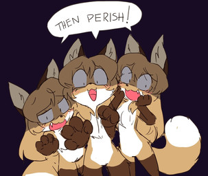 anthro brown_body brown_fur clone dipstick_tail featureless_crotch female female_anthro fur gloves_(marking) group hair markings tail tail_markings text trio white_body white_fur conditional_dnp fiddleafox then_perish averi_(fiddleafox) canid canine fox mammal red_fox true_fox english_text meme
