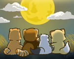 biped brown_body brown_fur chibi cloud detailed_background eating food fur group kemono moon night outside sitting tail tail_motion tailwag white_body white_fur shi_nominmin tsukimi ailurid canid canine canis domestic_dog fox mammal mustelid musteline red_panda stoat true_musteline weasel 2021 5:4 animated no_sound short_playtime webm