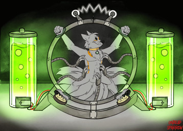 ambiguous_fluids ambiguous_gender anthro bdsm black_nose bondage bound brush brushing bubble collar collar_only electricity eyes_closed feet fist fur grey_body grey_fur grey_tail laboratory laugh metal multi_tail nude open_mouth pointy_ears prick_ears raised_arm robotic_arm snout solo spread_legs spreading tail tickle_fetish tickle_torture tickling tickling_armpits tickling_belly tickling_feet tickling_machine tickling_sides wire undeadsparrow canid canine fox mammal 2022 2d_animation animated animated_gif motion_tweening short_playtime signature