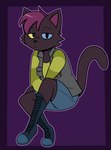 :< anthro biped black_body black_eyes black_fur black_nose black_tail black_tuft blue_clothing blue_footwear blue_sclera blue_shoes border bottomwear cat_tail cheek_tuft clothed clothed_anthro clothed_female clothing eyebrow_through_hair eyebrows facial_tuft female female_anthro footwear fur green_clothing green_shirt green_topwear hair half-closed_eyes heterochromia high_boots jacket looking_at_viewer narrowed_eyes outline pattern_clothing pattern_shirt pattern_topwear pockets pointy_ears prick_ears purple_background purple_border purple_hair purple_outline shirt shoes shorts simple_background sitting solo striped_clothing striped_shirt striped_topwear stripes tail topwear translucent translucent_hair tuft yellow_sclera kabula_(artist) charlotte_(darwintfish) domestic_cat felid feline felis mammal 2018 colored digital_drawing_(artwork) digital_media_(artwork) hi_res