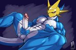 3_fingers abs anthro armor balls fingers foreskin genitals headgear headgear_only helmet helmet_only humanoid_genitalia male muscular nipples pecs penis retracted_foreskin solo iudicium86 bandai_namco digimon digimon_(species) magnamon scalie 3:2