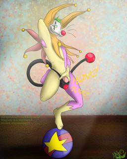 anthro armpit_tuft balancing_object clothed clothing clown clown_makeup clown_nose long_ears male self_grope smile smiling_at_viewer smirk smirking_at_viewer solo starrotii_(fledgedragonfox) tail thong thong_only tight_clothing topless underwear underwear_only fledgedragonfox demon unknown_species 4:5