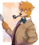 anthro bow_tie brown_body brown_clothing brown_fur brown_topwear clothed clothing coat fur holding_magnifying_glass holding_object magnifying_glass male object_in_mouth shirt smoking_pipe solo topwear white_clothing white_shirt white_topwear yanutorie sherlock_hound_(series) sherlock_hound canid canine canis domestic_dog mammal 2021 dated